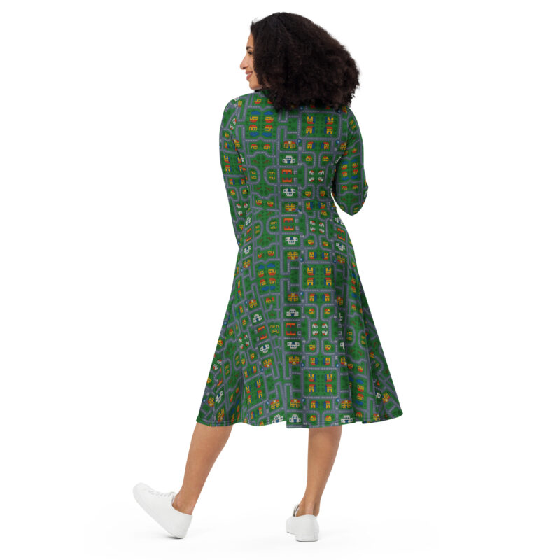 „Zurück in die Mini-Metropole“ – Langärmliges Midikleid mit Allover-Druck – Allover – HOB Products