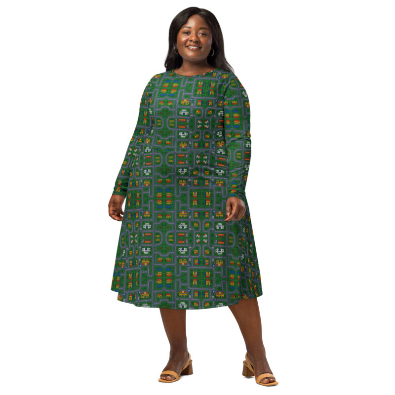 „Zurück in die Mini-Metropole“ – Langärmliges Midikleid mit Allover-Druck – Allover – HOB Products