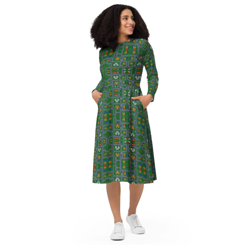 „Zurück in die Mini-Metropole“ – Langärmliges Midikleid mit Allover-Druck – Allover – HOB Products