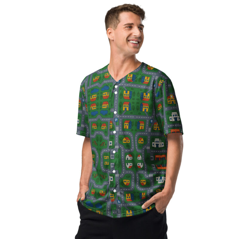„Zurück in die Mini-Metropole“ – Recyceltes Baseball-Trikot – Allover – HOB Products