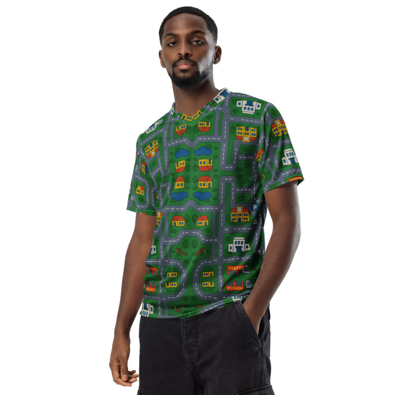 „Zurück in die Mini-Metropole“ – Recyceltes Unisex-Trikot mit Allover-Druck – Allover – HOB Products