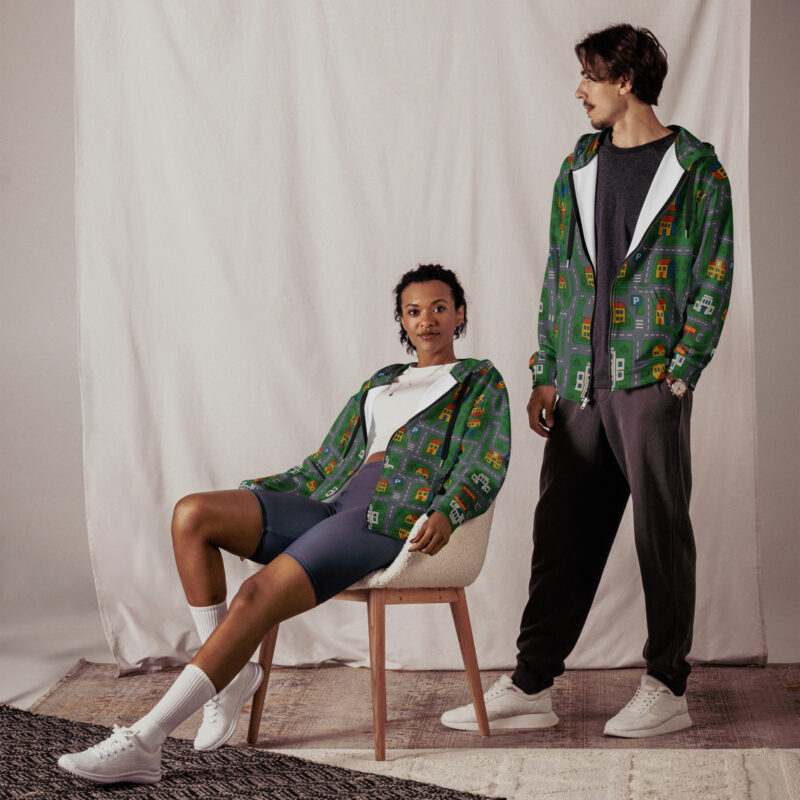 „Zurück in die Mini-Metropole“ – Unisex Zip-Hoodie – Allover – HOB Products