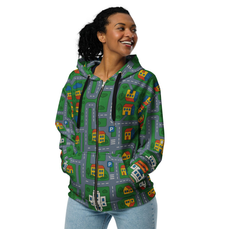 „Zurück in die Mini-Metropole“ – Unisex Zip-Hoodie – Allover – HOB Products