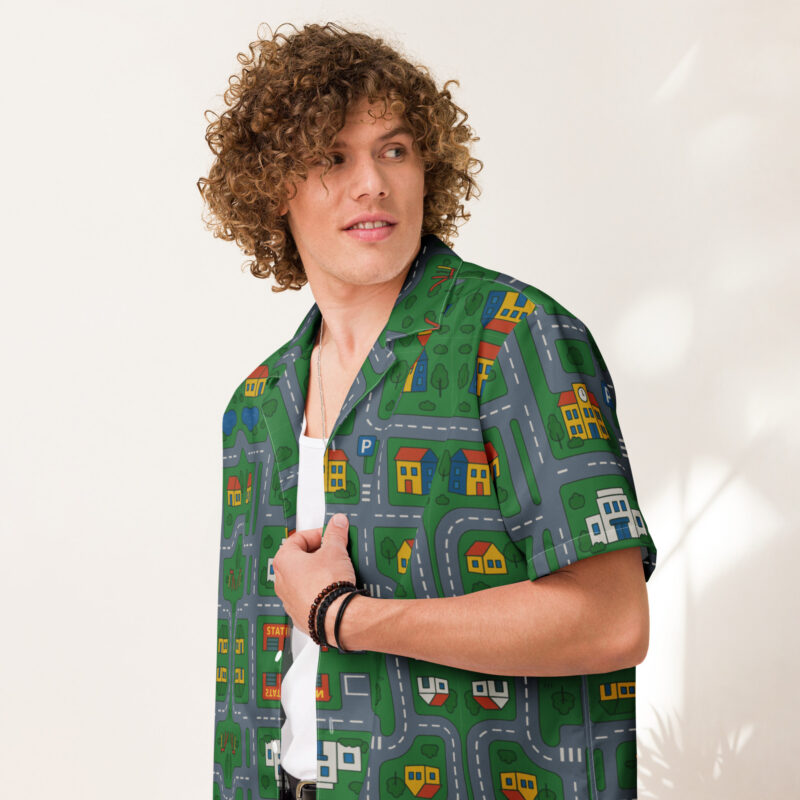 „Zurück in die Mini-Metropole“ – Unisex Hemd mit Knöpfen – Allover – HOB Products