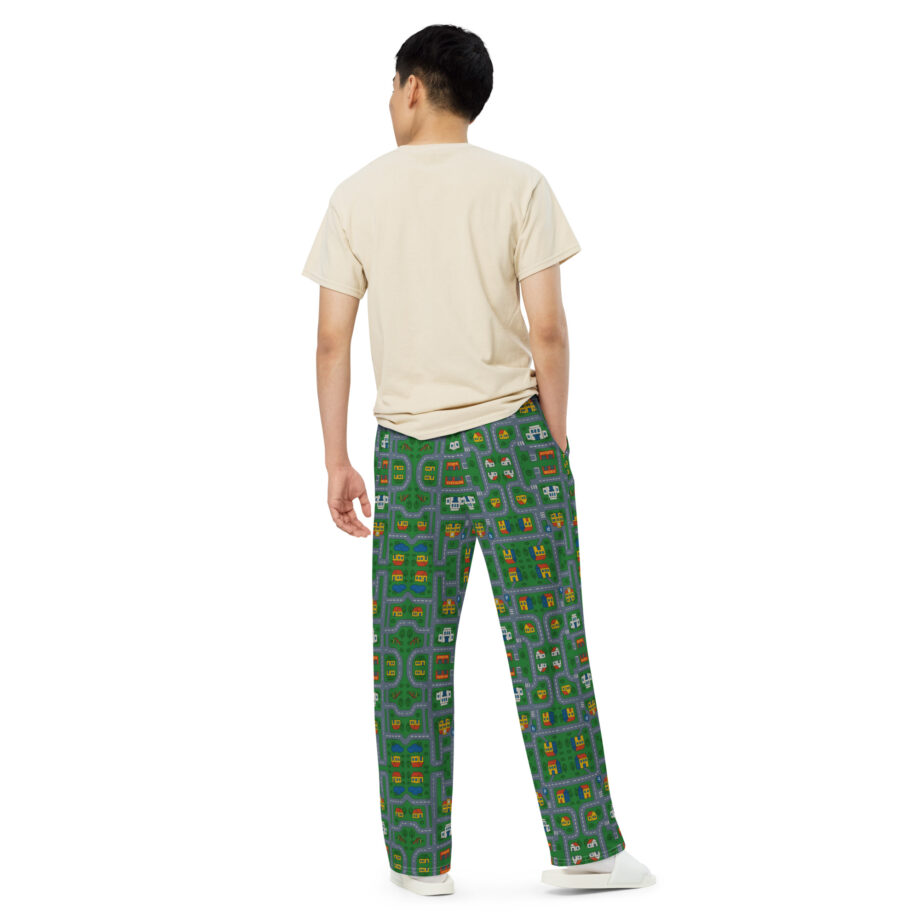 „Zurück in die Mini-Metropole“ – Unisex-Hose mit weiten Beinen und Allover-Druck – Allover – HOB Products