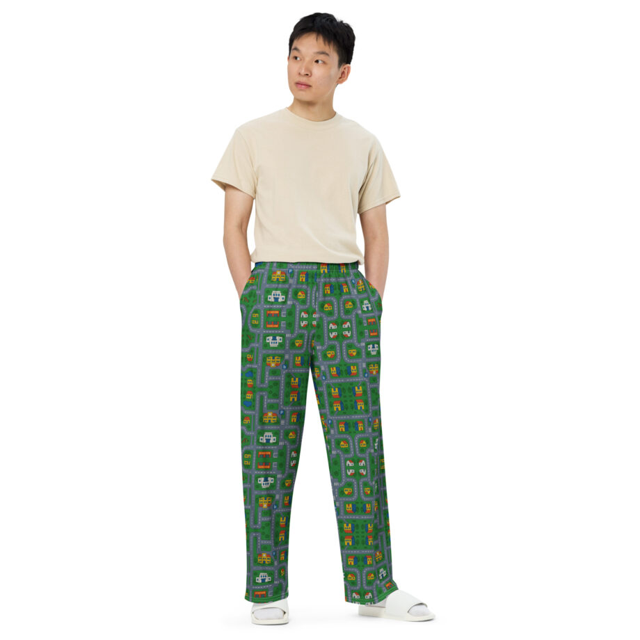 „Zurück in die Mini-Metropole“ – Unisex-Hose mit weiten Beinen und Allover-Druck – Allover – HOB Products