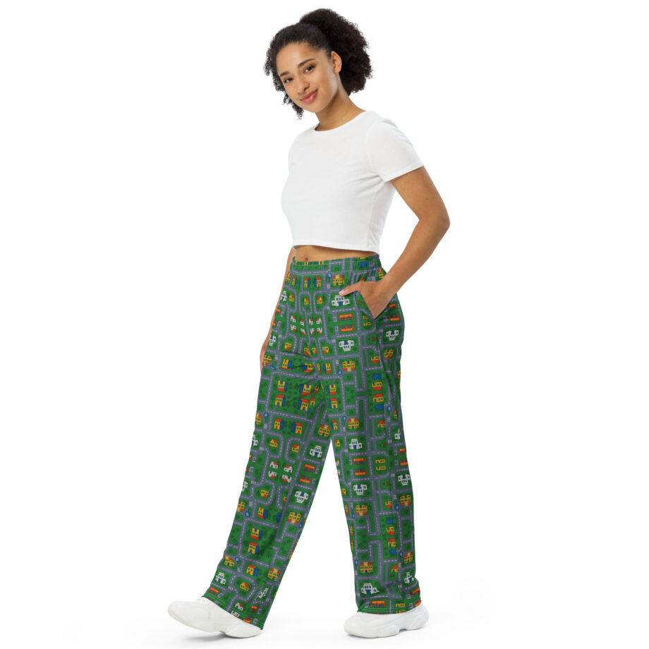 „Zurück in die Mini-Metropole“ – Unisex-Hose mit weiten Beinen und Allover-Druck – Allover – HOB Products