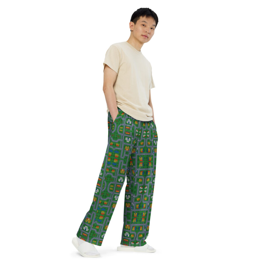 „Zurück in die Mini-Metropole“ – Unisex-Hose mit weiten Beinen und Allover-Druck – Allover – HOB Products
