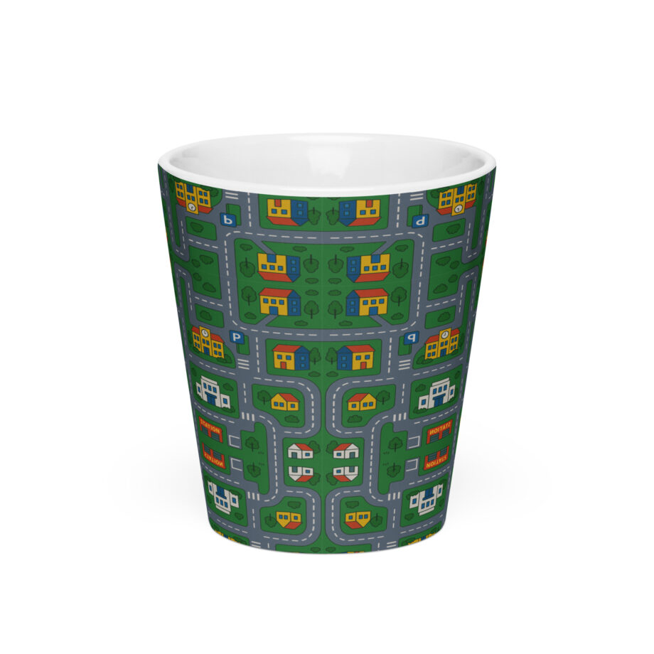 „Zurück in die Mini-Metropole“ – Milchkaffeetasse – Allover – HOB Products