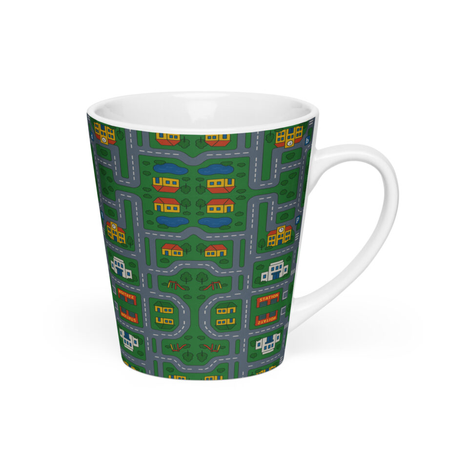 „Zurück in die Mini-Metropole“ – Milchkaffeetasse – Allover – HOB Products